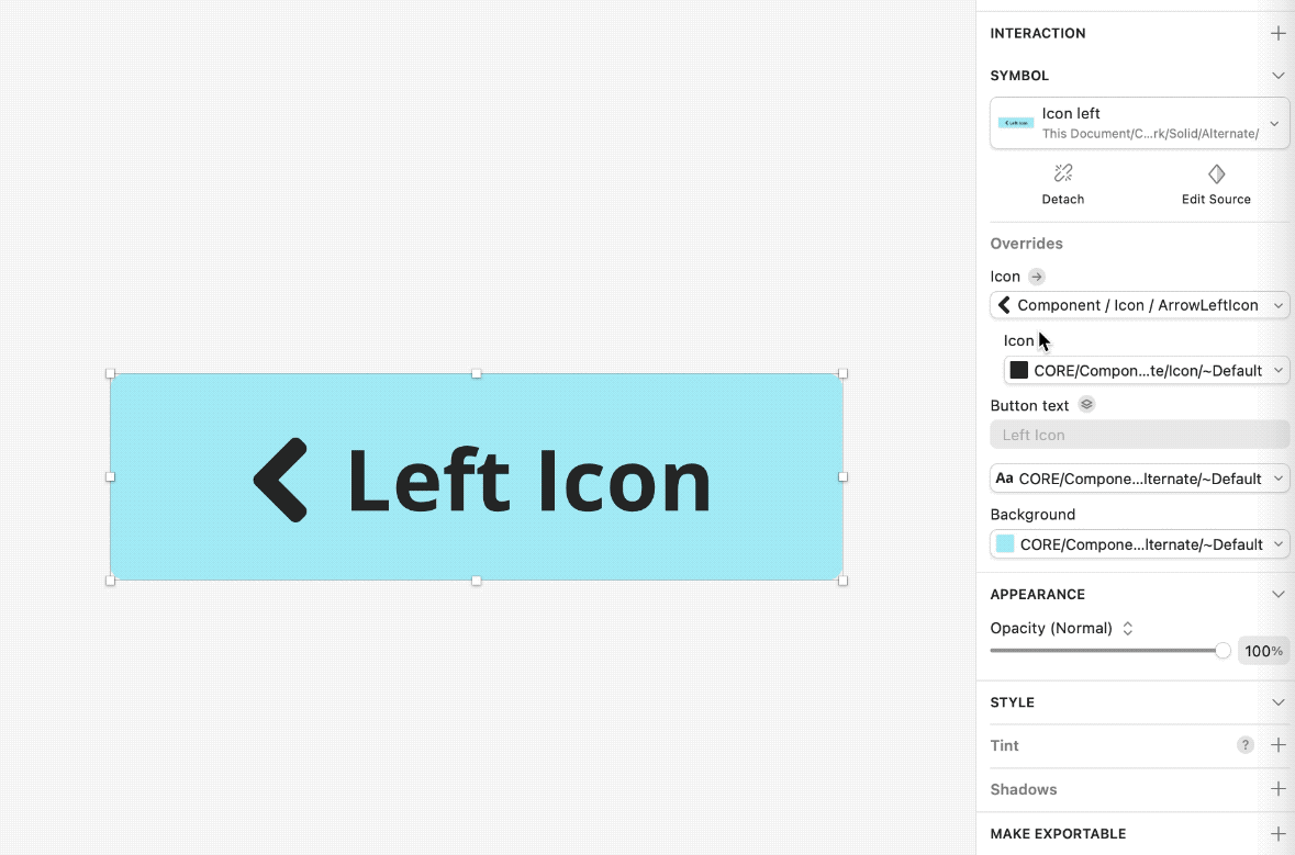 Using Sketch overrides to switch icons with the new left and right button symbols. Screenshot.