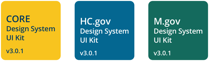 Three colorful boxes with text, each showing the name and version number of a CMSDS UI Kit theme
